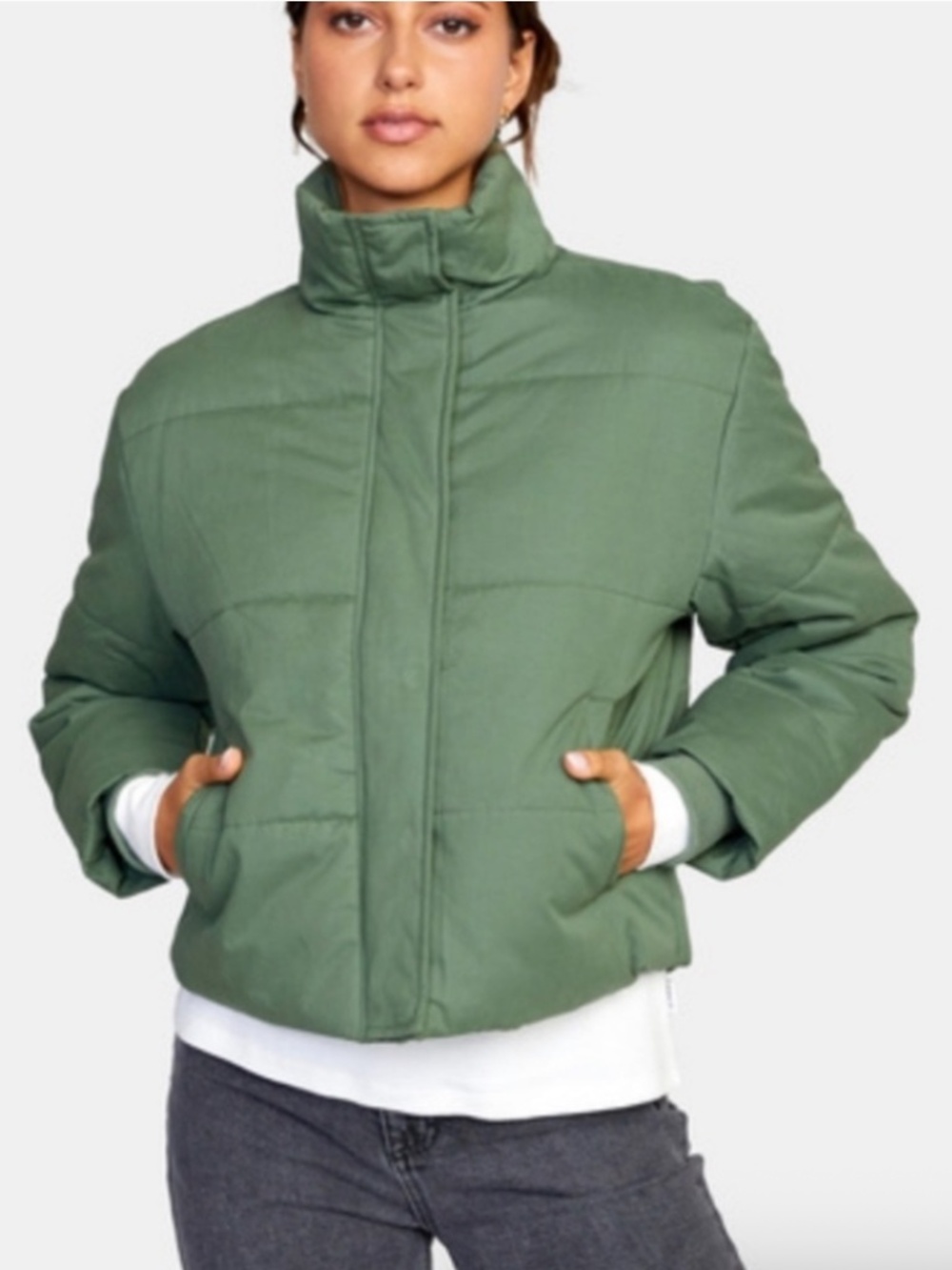 RVCA Olive Green Cropped Puffer Jacket - S